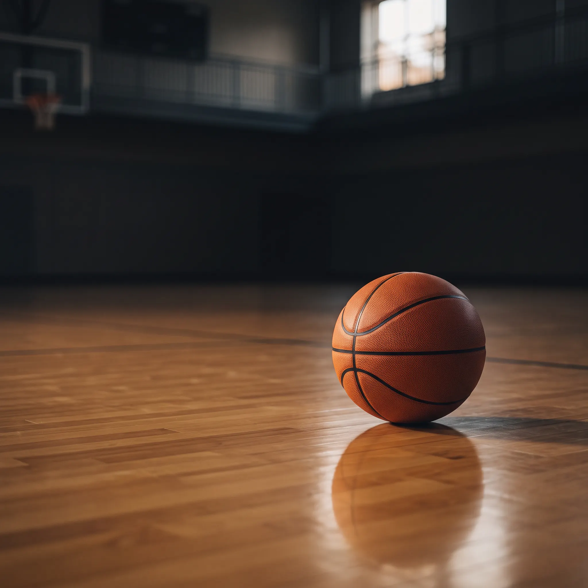 Basketball resting on an indoor court